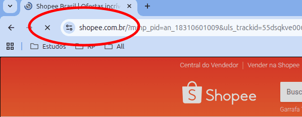 Barra de endereço do Chrome mostrando o ícone de ajustes ao lado do domínio shopee.com.br